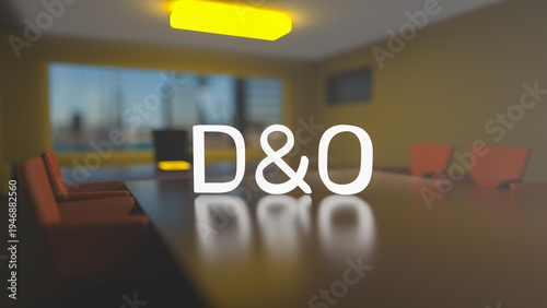 D and O. Directors and officers liability Insurance concept. Director's office with a large table and skyscrapers outside the window. 3d rendering