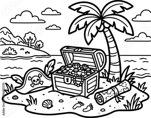 Black and white line art treasure chest full of coins with pirate hat and rolled map on tropical island with palm tree and ocean waves