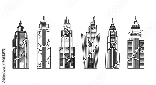 Detailed line art illustration of a row of stylized skyscrapers.