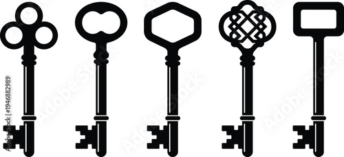 Antique skeleton key silhouettes set with vintage ornate shapes classic security lock symbol retro decorative key collection illustration