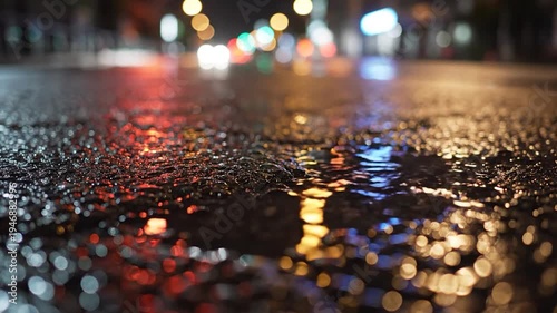 Wet asphalt road reflection of night city lights bokeh
