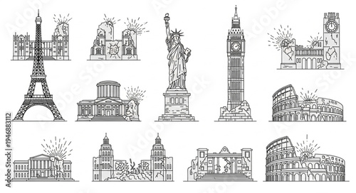 Iconic World Landmarks - A Collection of Architectural Wonders in Detailed Sketches.