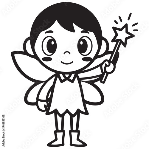 Cute Cartoon Fairy Child with Magic Star Wand and Wings