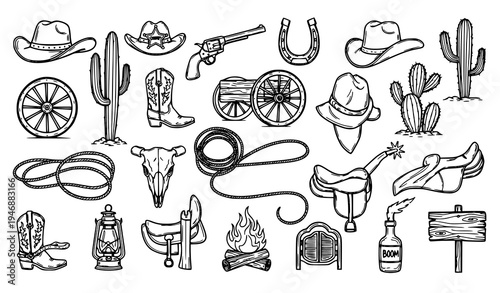 Hand drawn wild west icons with cowboy desert and vintage western symbols vector pack