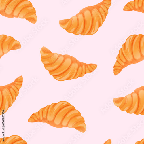 Seamless pattern bakery of croissants, texture, bun, French pastries on pink background.