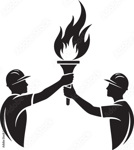 Two silhouetted figures holding a flaming torch in a symbolic gesture.