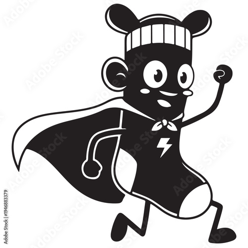 Black and White Cartoon Sock Character as a Superhero Running