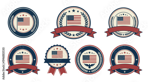 Elegant Memorial Day tribute badge set in minimal vector style with circular commemorative labels, ribbons and refined patriotic colors