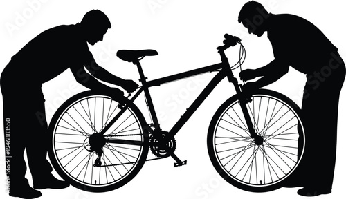 Bicycle repair mechanic silhouette fixing bike wheel, maintenance service concept with two technicians working on cycle isolated vector illustration