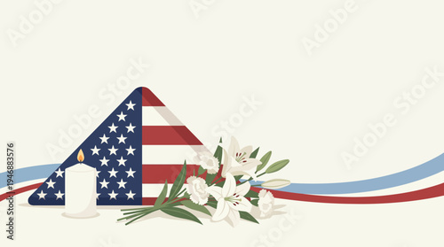 Respectful Memorial Day tribute vector illustration with folded American flag, white flowers, candle and an elegant commemorative arrangement on clean background