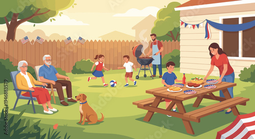Clean flat Memorial Day vector illustration of an American family backyard gathering with subtle patriotic decorations and a warm early summer atmosphere