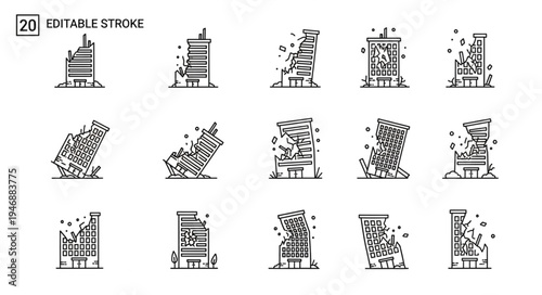 Collection of Buildings Collapsing in Line Art Style.