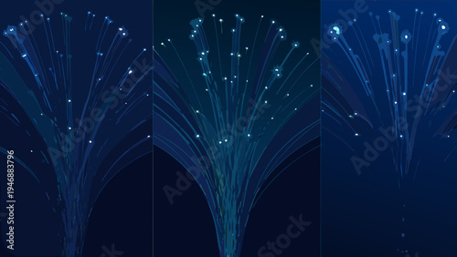 Abstract blue light trails forming symmetrical floral patterns in a triptych