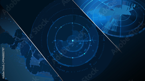 Abstract digital radar interface with glowing blue world map overlay