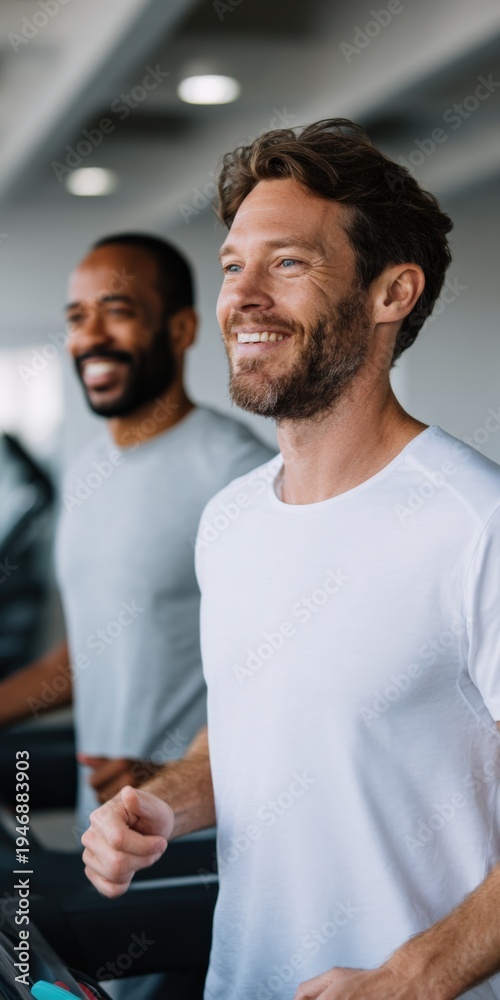 Fototapeta premium Male caucasian adult and male african adult running on gym treadmills two men jogging indoors in modern fitness center during cardio workout and training session