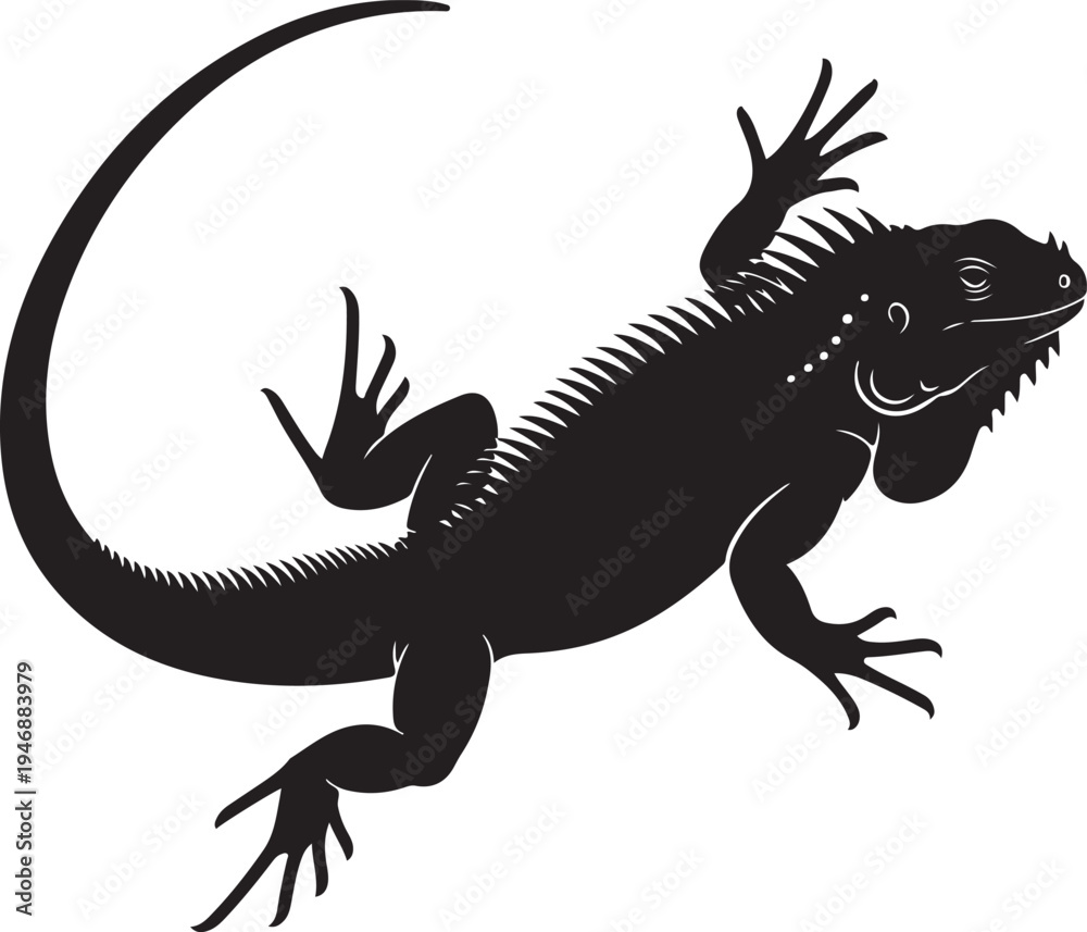 Obraz premium Striking Black Silhouette of an Iguana with Detailed Spines and Long Tail.