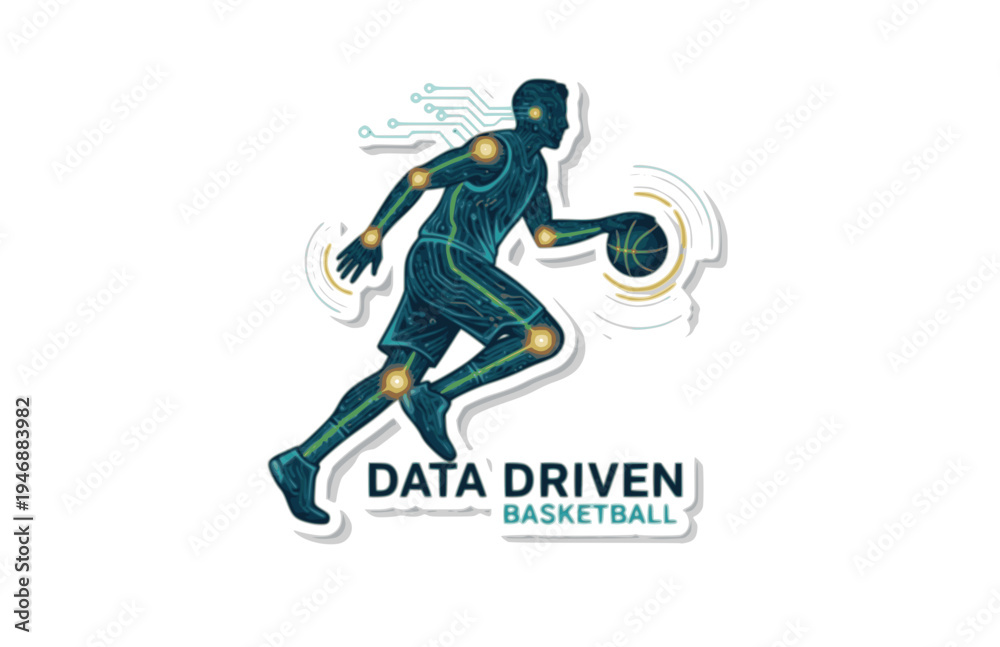 Fototapeta premium Data Driven Basketball with Smart Sensor Silhouette, Future Sports Technology Vector Sticker, Modern Analytics and Training Illustration