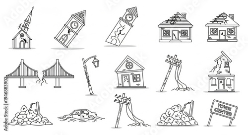 Collection of Hand-Drawn Disaster Icons Depicting Destruction and Ruin.