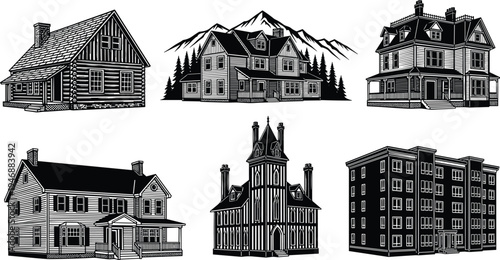 Black and white woodcut style architectural illustrations featuring log cabin, mountain lodge, Victorian house, suburban home, gothic mansion, and apartment building