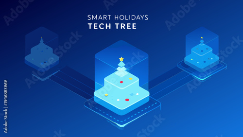 Isometric illustration of futuristic christmas trees with tech elements