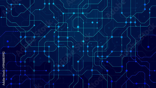 Abstract blue circuit board pattern with interconnected nodes and lines
