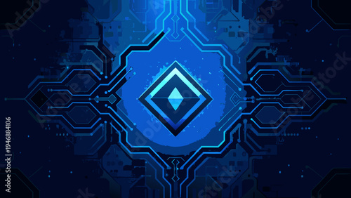 Abstract digital circuit with glowing blue hexagonal and diamond shapes