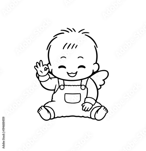 Cute little angel baby sitting and making OK sign – kawaii chibi character illustration