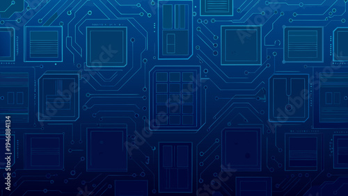 Abstract blue circuit board pattern with server and chip elements