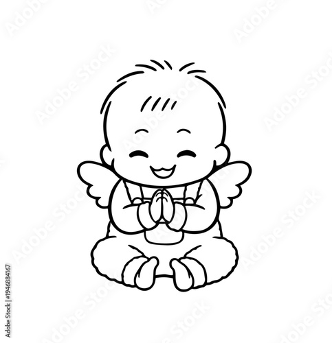 Cute baby angel praying with hands together – kawaii chibi character illustration