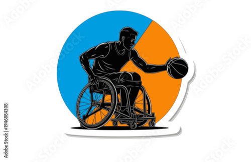Wheelchair Basketball Player Dribbling Silhouette, Adaptive Sports Inclusion Vector Sticker, High Performance Paralympic Athlete Illustration