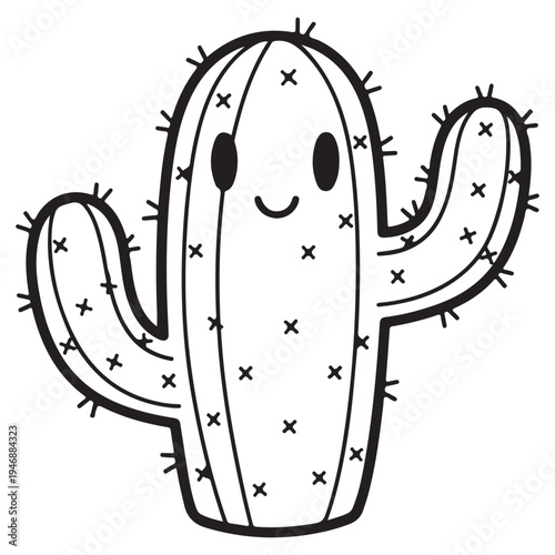 Cute Cartoon Cactus with Happy Smiling Face Line Art
