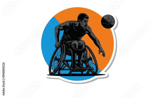 Wheelchair Basketball Player Dribbling Silhouette, Adaptive Sports Inclusion Vector Sticker, High Performance Paralympic Athlete Illustration