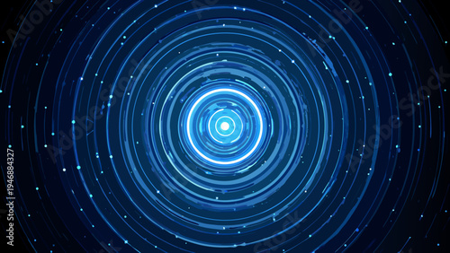 Abstract swirling blue light patterns forming concentric circles and bright stars
