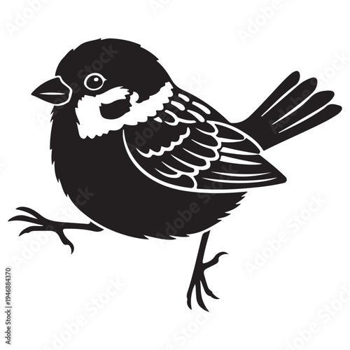Stylized Black and White Illustration of a Small Bird Walking