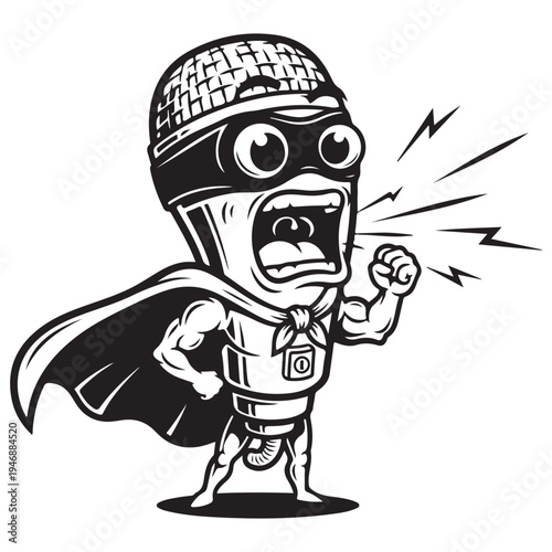 Bold Black and White Cartoon Microphone Superhero Shouting Loudly