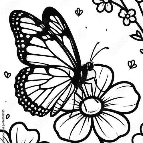 Black and White butterfly. Cartoon Butterfly on Flower, Black and White Line Art Illustration on white background