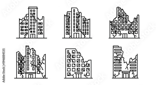 Damaged Buildings - Outlines of Structures in Disrepair.