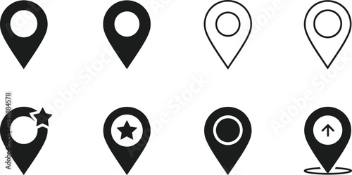 Map Pin and Location Pointer Vector Icon Set for Navigation Apps, GPS Tracking, and Logistics Design, Featuring Destination Markers, Starred Places, and Directional Symbols