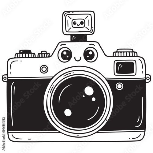 Cute Retro Camera Character with Smiling Face and Flash