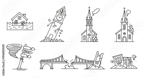 Line Art Depicting Various Natural Disasters and Structural Damage.