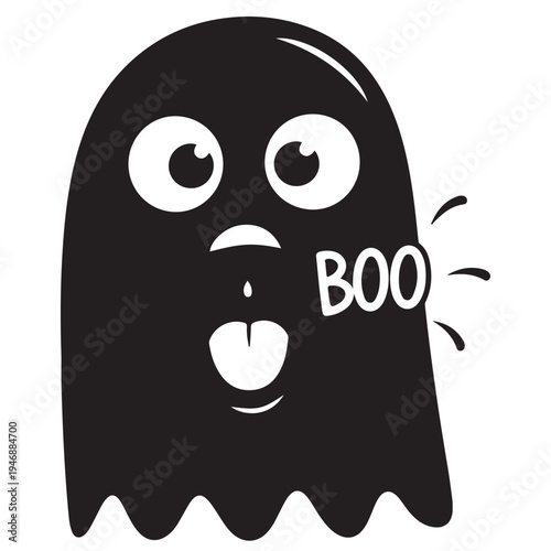 Playful Black Ghost Character Sticking Out Tongue and Saying Boo