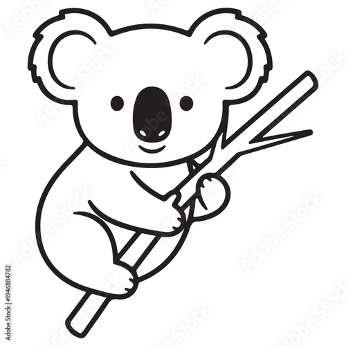 Cute Cartoon Koala Holding Branch Line Art Illustration