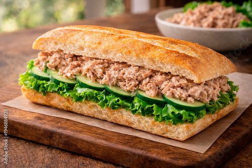 Tuna baguette sandwich with cucumber and lettuce on wooden board