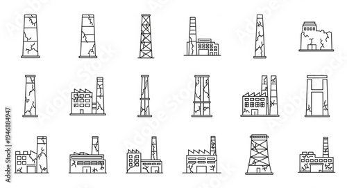Collection of Industrial Factory and Plant Icons in Sketch Style.
