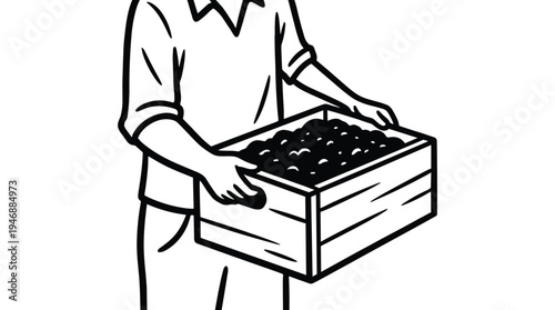 Man holding a wooden box full of fresh soil ready for planting in garden