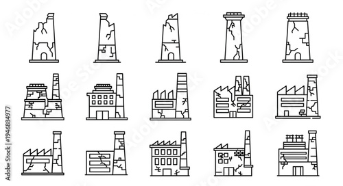 Collection of Ruined Industrial Structures and Chimneys in Line Art Style.