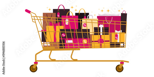 Huge golden shopping cart filled with Black Friday purchases