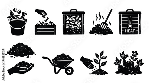 Composting process icons set for organic waste recycling and gardening