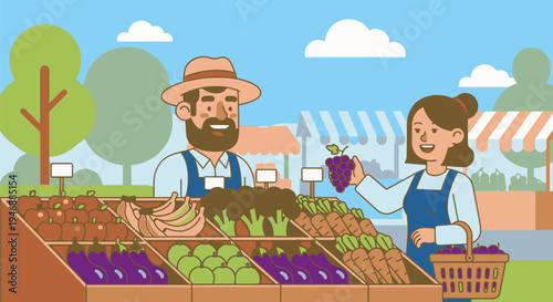Farmer and woman smiling at market with fresh produce on display outdoors