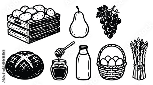 Set of fresh farm products including bread honey eggs and fruits